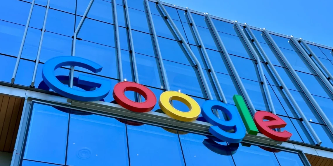 the google logo is displayed on the side of a building