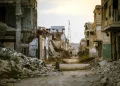 a destroyed building in a city