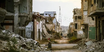 a destroyed building in a city