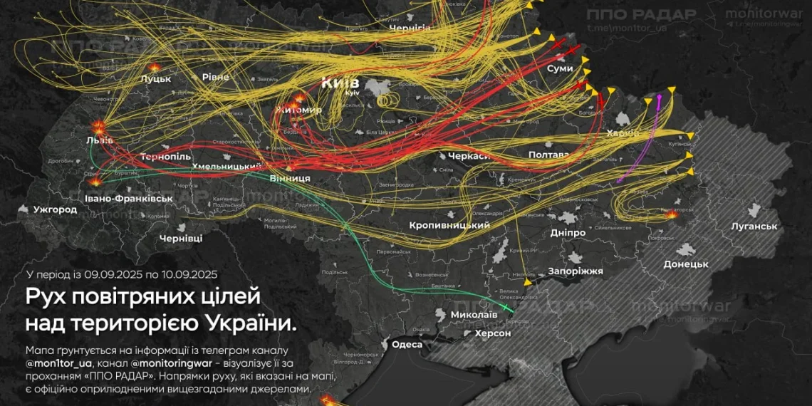 "9-10 September 2025 Russian air attack on Ukraine" by ППО радар - monitorwar; mon1tor_ua is licensed under CC BY 4.0
